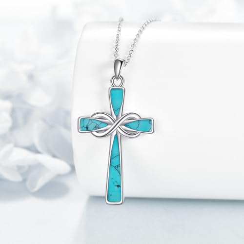 Infinity Cross Necklace S925 Sterling Silver Turquoise/Wooden/Opal/Abalone Cross Pendant Necklaces Christian Jewelry Gifts For Women - style: Green Turquoise