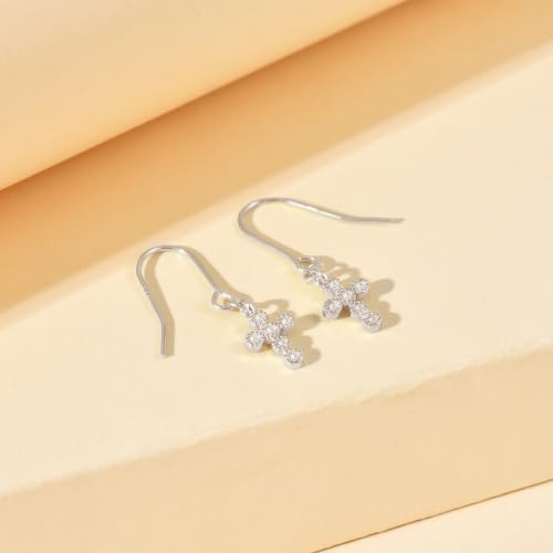 925 Sterling Silver Cubic Zirconia Cross Dangle Earrings Hooks for Women - color: Silver