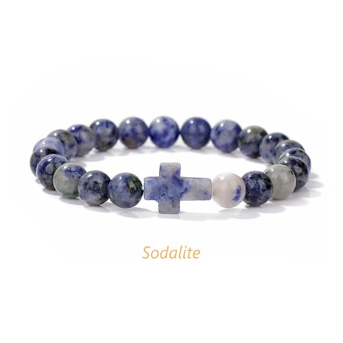 8mm Gemstone Cross Bracelet for Women Men – Stretch Beaded Faith Bracelet with Sideways Cross (Multiple Colors) - style: Sodalite