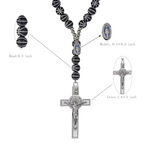 Basketball Bead Sports Necklace Catholic Rosary with Crucifix Cross Pendant Baptism Birthday Gift for Men Boys in Customized Velvet Bag - color: Black