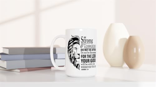 Christian Gifts Lion Ceramic Coffee Mug. Microwave and Dishwasher-safe Inspirational Scripture Coffee and Tea Mug for Men and Women with Bible Verse: Strong & Courageous – Joshua 1:9-15oz - size: 15 Ounces