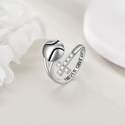 YFN Sport Ring Sterling Silver Cross Adustable Ring Never Give Up Jewelry Gifts for Women - color: Tennis