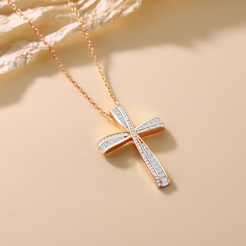 Cross Necklace for Women, 925 Sterling Silver 18K Gold Plated Cross Necklaces for Women, Cross Pendant with 5A Cubic Zirconia Diamond, Birthday Christmas Jewelry Gifts for Women Her Wife - color: Rose gold