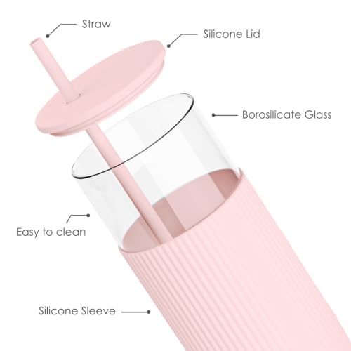 SANDJEST Glass Water Bottle with Silicone Sleeve 20oz, Glass Tumbler with Straw and Lid, Smoothie and Iced Coffee Cup, Gifts for Women Teen Girls Birthday Christmas (Dusty Pink) - color: Dusty Pink