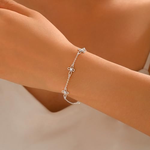 925 Sterling Silver Cubic Zirconia Flower Charm Bracelet for Women - color: Silver