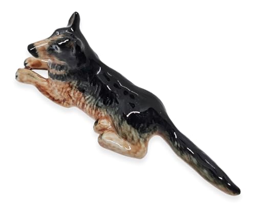 WitnyStore Tiny 3½" Black Brown Lying German Shepherd Alsatian Dog - Miniature Hand Made Painted Ceramic Dogs Puppy Hound Canine Animals Cute Porcelain Decorative Collectible Figures Décor Gifts
