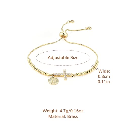 HZMAN 14K Gold Plated Cross Bracelet for Women, Brass Adjustable Bolo Bracelet with CZ, Religious Saint Benedict/Virgin Mary/Jude Pendant Jewelry Gift - color: Saint Jude