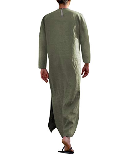 Jacansi Men's 65% Cotton 35% Linen Kaftan Thobe, Long Sleeve Casual Arabic Robe, Loose Long Gown with Pockets - color: Army Green #1, size: XX-Large