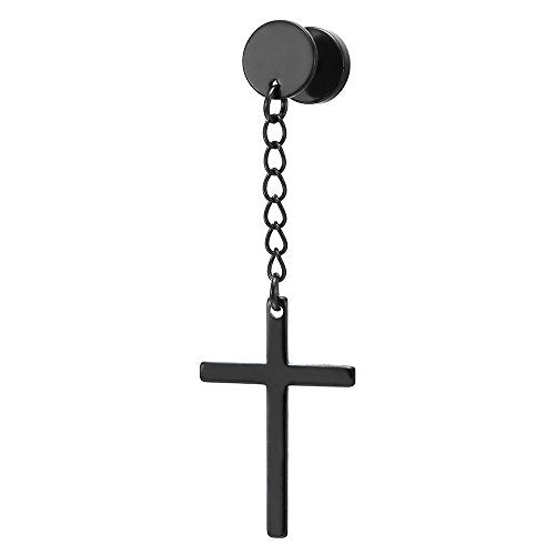 Pair Circle Screw Stud Earrings with Dangle Cross for Men Women, Stainless Steel, Screw Back - color: A-Metal Color:Black