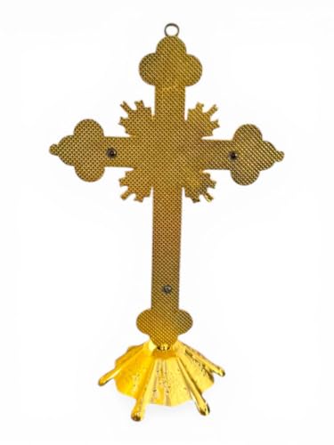 Aura Zen Store Crucifix 9 Inch Desk - Wall Cross with Stand Base - Gold & White Catholic with Jesus Figure, Blue Stone Accents, Religious Altar Decor, Christian Gift for Home, Church or Prayer Space