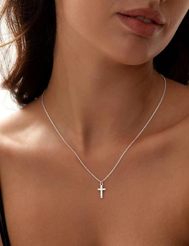 MILACOLATO 925 Sterling Silver Cross Necklace for Women, 14K Gold Plated Small Cross Pendant Choker Necklace, Dainty Hammered Cross Christian Baptism Religious Jewelry Gifts - color: Silver