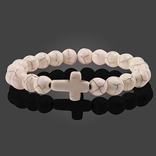 FORUBUS Lava Rock Stone Beaded Bracelet, Cross Charm Natural Volcanic Stone beads Turquoise Stretch Bracelet for Women Men Religion Jewelry Pray Baptism Gift - color: B 1pcs beige