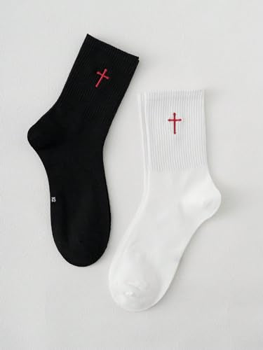SHENHE Men's 2 Pairs Cross Print Embroidered Geo Crew Socks - color: White and Black, size: Medium