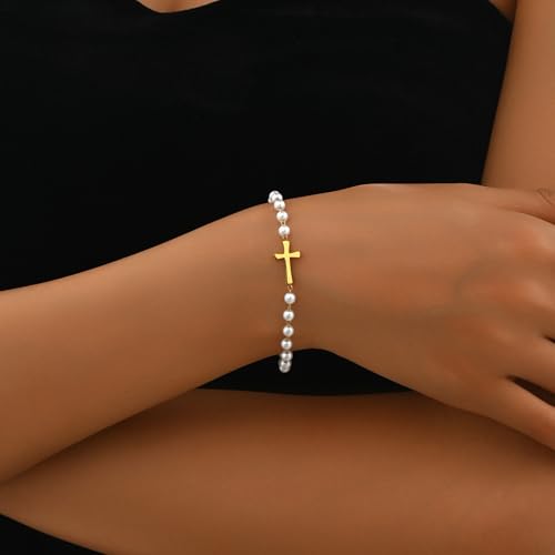 18K Gold Plated Pearl Bracelets for Women Dainty Waterproof - style: Pearl Chain Cross-Gold