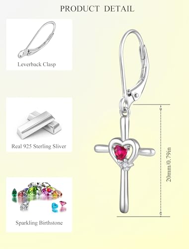 Cross Earrings 925 Sterling Silver Opal Crucifix Dangle Drop Earring Heart Birthstone Religious Jewelry for Women - color: 07-ruby-Jul