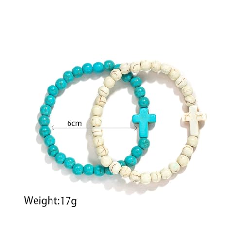 5Pcs Set Cross Beaded Crystal Turquoise Colorful Stretch Bracelet Christian Matching Strand Bracelet for Women Holiday Bohemian Boho Jewelry Multilayered Handmade - color: E