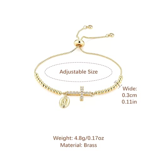 HZMAN 14K Gold Plated Cross Bracelet for Women, Brass Adjustable Bolo Bracelet with CZ, Religious Saint Benedict/Virgin Mary/Jude Pendant Jewelry Gift - color: Virgin Mary
