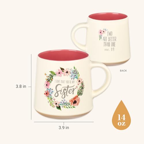 Christian Art Gifts Floral Pink Ceramic Coffee Mug – 14 oz. Microwave and Dishwasher-Safe Inspirational Scripture Coffee and Tea Mug for Women with Bible Verse: Love That You're My Sister –Eccles. 4:9