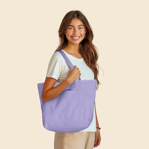 DALIX 20" Solid Color Cotton Canvas Shopping Tote Bag in Lavender - color: Lavender