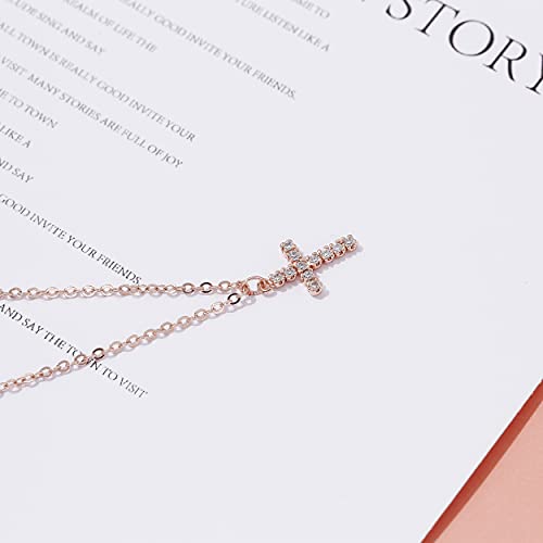 Tewiky Cross Necklace for Women Gold Cross Pendant Cute Necklaces - color: Rose gold CZ Cross