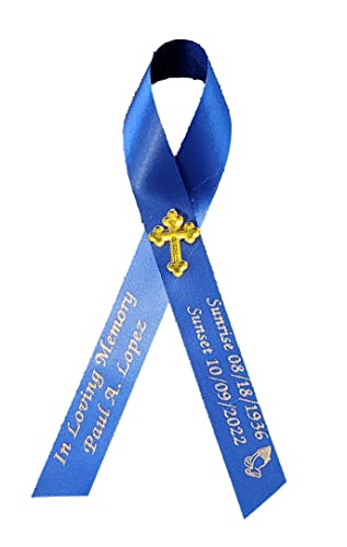 Personalized Memorial Service Funeral Ribbon Pins 20 Cross Religious Celebration of Life Custom Made Awareness Remembrance Anniversary Death Cross Sympathy Name Angel - color: Royal Blue