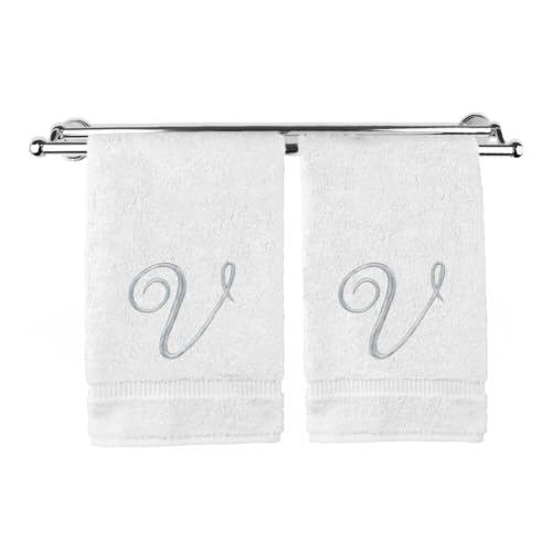 Pretty Monogrammed White Turkish Cotton Bath Hand Towel Set of 2 with Embroidered Silver Script V | 16"x 30" Soft Terry Finish Extra Absorbent Quick Dry Plush Luxury Bathroom Kitchen Spa Bath Towel