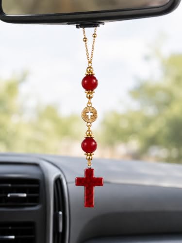 Cross Car Hanging Ornament, Hanging Charm Home Decoration Keepsake, Glass Beaded Accessories Pendant for Rear View Mirror, Festival Car Decor Charm for Men and Women (Red) - color: Red