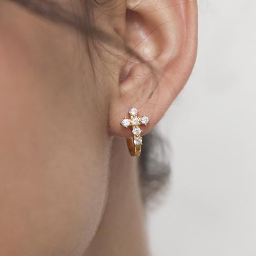 Diamond Hoop Cross Earrings, 925 Sterling Silver Earrings CZ Huggie Hoops - color: Gold
