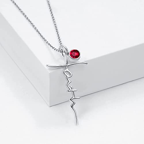 PRAYMOS Faith Cross Necklace for Women 925 Sterling Silver Pendant Necklace With Birthstone Initial Christian Religious Confirmation Baptism Mothers Day Gifts - color: 1-Silver January (Garnet)