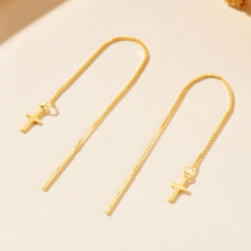 925 Sterling Silver Dainty Cross Threader Earrings for Women Hypoallergenic - color: Gold