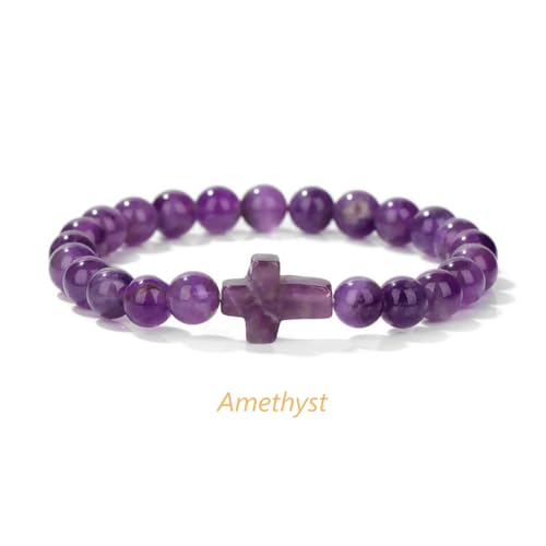 8mm Gemstone Cross Bracelet for Women Men – Stretch Beaded Faith Bracelet with Sideways Cross (Multiple Colors) - style: Amethyst