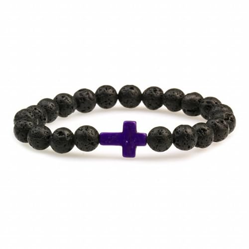 FORUBUS Lava Rock Stone Beaded Bracelet, Cross Charm Natural Volcanic Stone beads Turquoise Stretch Bracelet for Women Men Religion Jewelry Pray Baptism Gift - color: 1pcs purple