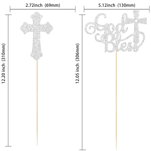 Gyufise 12Pcs God Bless and Cross Centerpiece Sticks Double Sided Cross God Bless Table Flower Centerpieces Sticks First Communion Baptism Decorations for God Bless Theme Party Supplies Silver - color: Silver