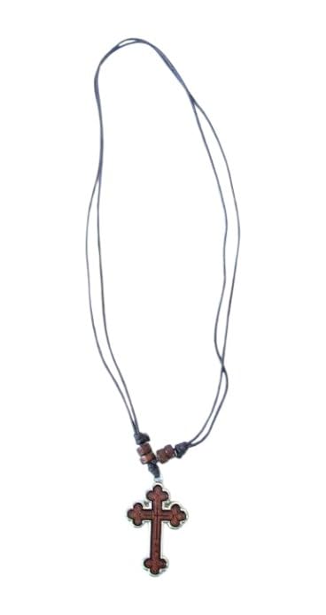 Iconsgr Greek Wood-Metal Cross Pendant Necklace Two-Sided From Mt. Athos / 52