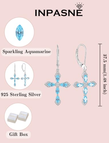 Birthstone Cross Earrings for Women 925 Sterling Silver - color: 03 March - Aquamarine