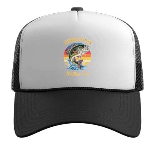 Fishers of Men Matthew 4-19 Bible Christian Fishing Lover Trucker Hat with Adjustable Mesh Back - color: Black/White