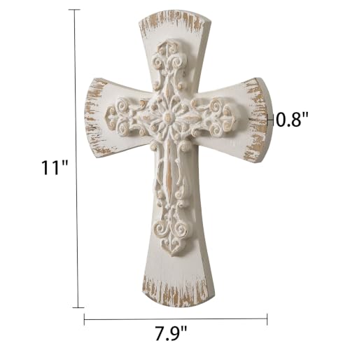 Rustic Wooden Cross for Wall, Handmade Distressed White Crucifix 11" Tall
