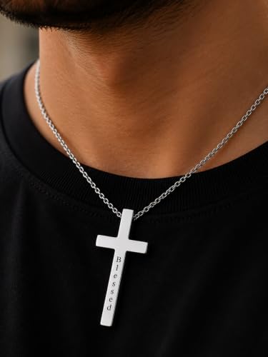 Engraved Cross Necklace for Men, Women & Boys & Girls Cross Necklace, Stainless Steel Cross Pendant Necklace, Faith & Inspiration Christian Jewelry Gift - color: Blessed