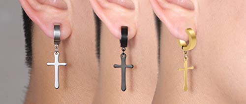 Non-pierced Earrings Set for Men Women Cross Titanium Steel Hoop Dangle Clip On Earring - style: set of 3 pairs