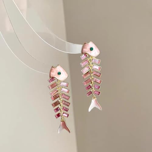 Fish Bone Earrings Drip Oil Animal Earrings Colorful Crystal Sparkly Enamel Earrings Creative Long Fishbone Earstud Dangle Fish Drop Earrings Jewelry for Women - color: Pink Fish