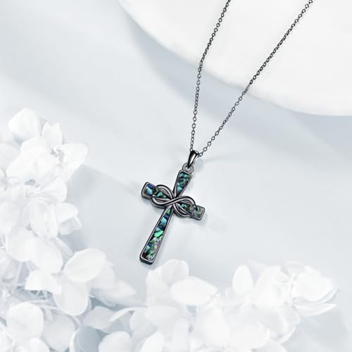 Infinity Cross Necklace S925 Sterling Silver Turquoise/Wooden/Opal/Abalone Cross Pendant Necklaces Christian Jewelry Gifts For Women - style: Black Abalone