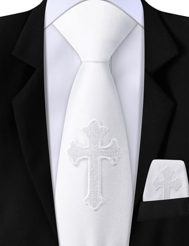 AGJ First Communion Tie for Boys with Embroidered Cross Hanky Set Baptism - color: White