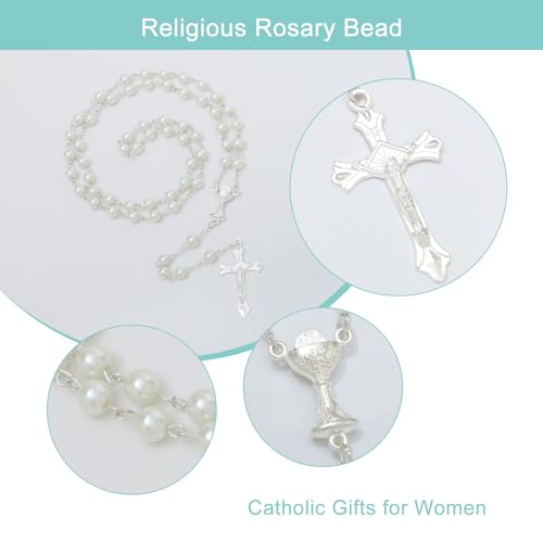 KOMI 6 MM Pearl Rosary Beads With Crucifix, Catholic Necklace for Women With Velvet Bag or Rosary Box - style: Rosary-10
