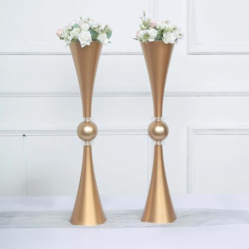 Efavormart 2 Pack | 27" Gold Crystal Embellishment Trumpet Table Centerpiece, Reversible Plastic Flower Vase - color: Gold, size: 27"