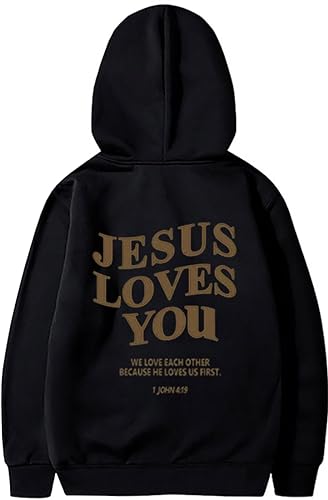 Jesus Loves You Hoodie Christian Faith Tops Religious Sweatshirt God Bible Verse Cross Graphic Pullover - color: Black, size: XX-Large
