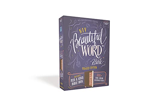 NIV, Beautiful Word Bible, Updated Edition, Peel/Stick Bible Tabs, Leathersoft, Brown/Pink, Red Letter, Comfort Print: 600+ Full-Color Illustrated Verses