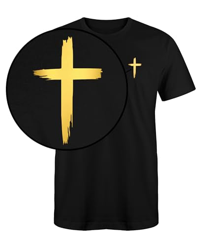Faith Christian Cross T-Shirt Black White Gold Silver Unisex Men Women Teen Cotton Blend Graphic Tee Jesus Scripture Gift - color: Black/Metallic Gold, size: Large