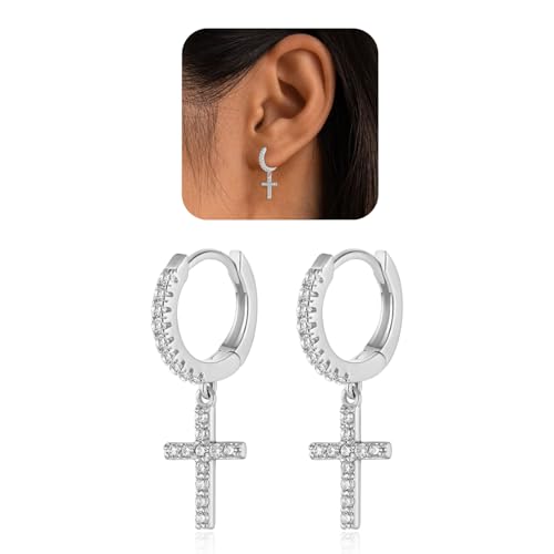 Dainty Huggie Hoop Dangle Earrings for Women, Small Hypoallergenic Hoop Earring with Charm Cross Star Moon Earrings, Sterling Silver CZ Huggie Drop Earrings for Teen Girls - style: Cross-Silver