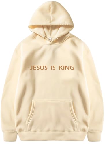 PANOZON JESUS IS KING Hoodie Christian Faith Religious God Tops Man Woman Pullover Sweatshirt Longsleeve - color: 2-beige, size: Small