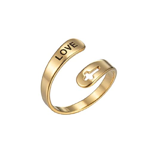 Caiyao Stainless Steel Christian Cross Engraved Love Faith Hope Blessed Ring Polished Opening Adjustable Letter Religious Ring for Women Men Birthday Jewelry Gift - color: G gold love